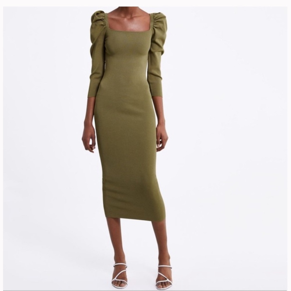 SOLD - Green Knit Puff Sleeve Bodycon dress’s